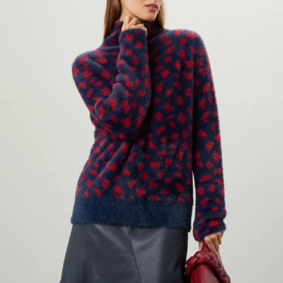 Thakoon Blue Red Fuzzy Sweater SMALL Leopard Oversized Soft Cozy Mockneck $275 - Picture 3 of 9